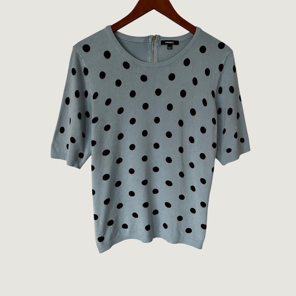 Premise Light Blue Polka Dot Short Sleeve Sweater Top Large Back Zip Minimalist